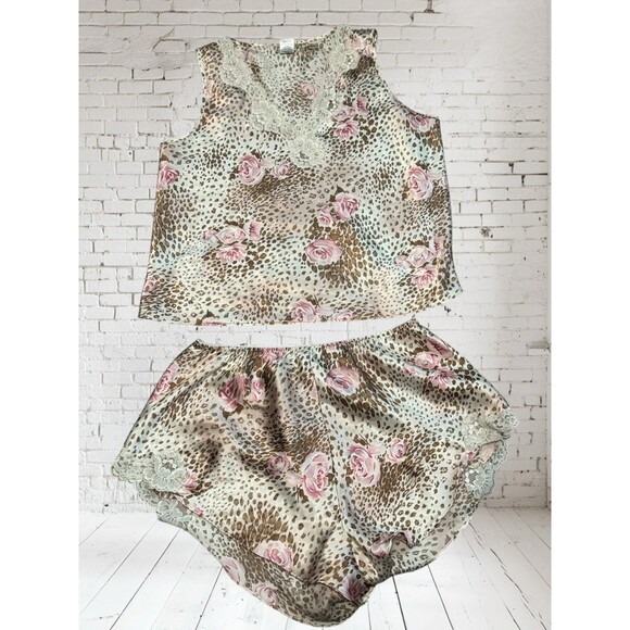 VTG Patra Silky Animal Lace Boy Short & Top Pajama Set Romantic Fairy L - Picture 1 of 6